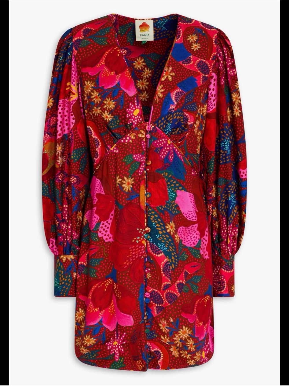 FARM Rio Red Floral Button-Front Mini Dress with Pink & Blue Accents, pre-owned